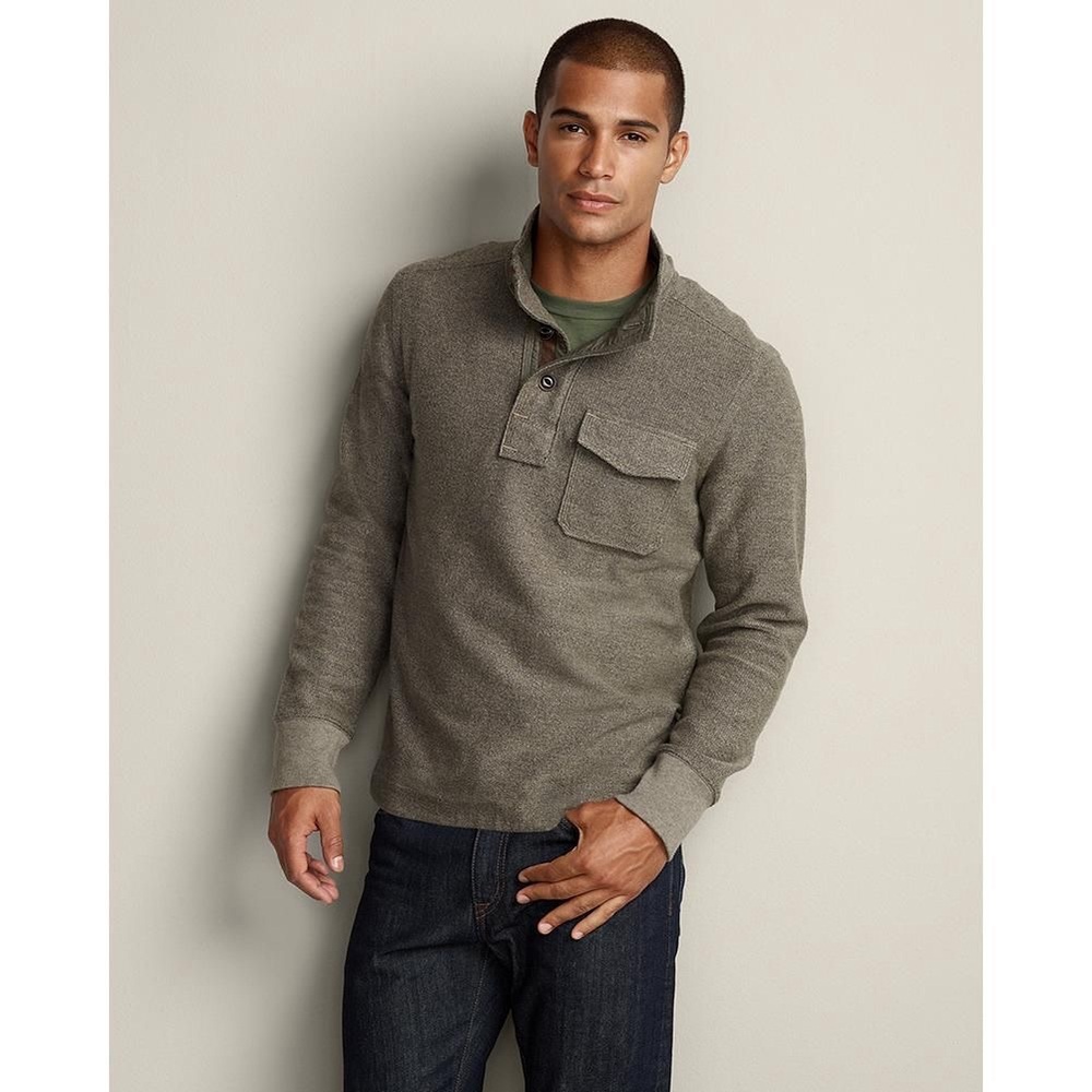 Eddie Bauer Mens S 1/4 Button Mock Neck Long
Sleeve Pullover Brown